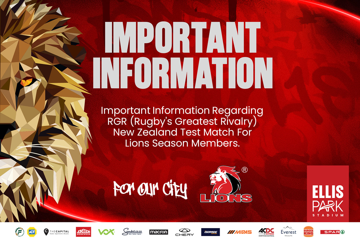 IMPORTANT INFORMATION FOR LIONS SEASON MEMBERS